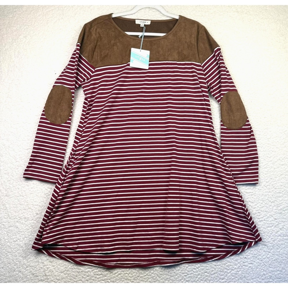 NWT Umgee Dress Womens XL Burgundy Striped Elbow Patch Swing Pockets Long Sleeve